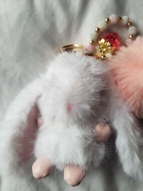 Furry Bunny Pom-Pom Keychain with Pink Accents